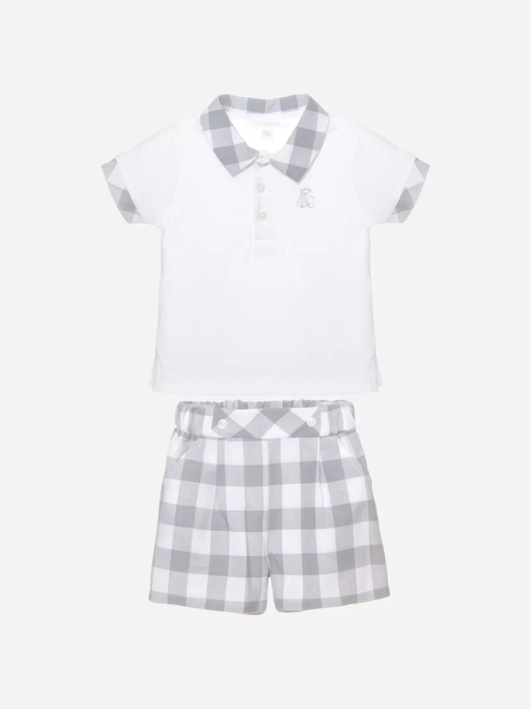 Baby Patachou Polo And Shorts Set In White Jersey And Grey Check Linen