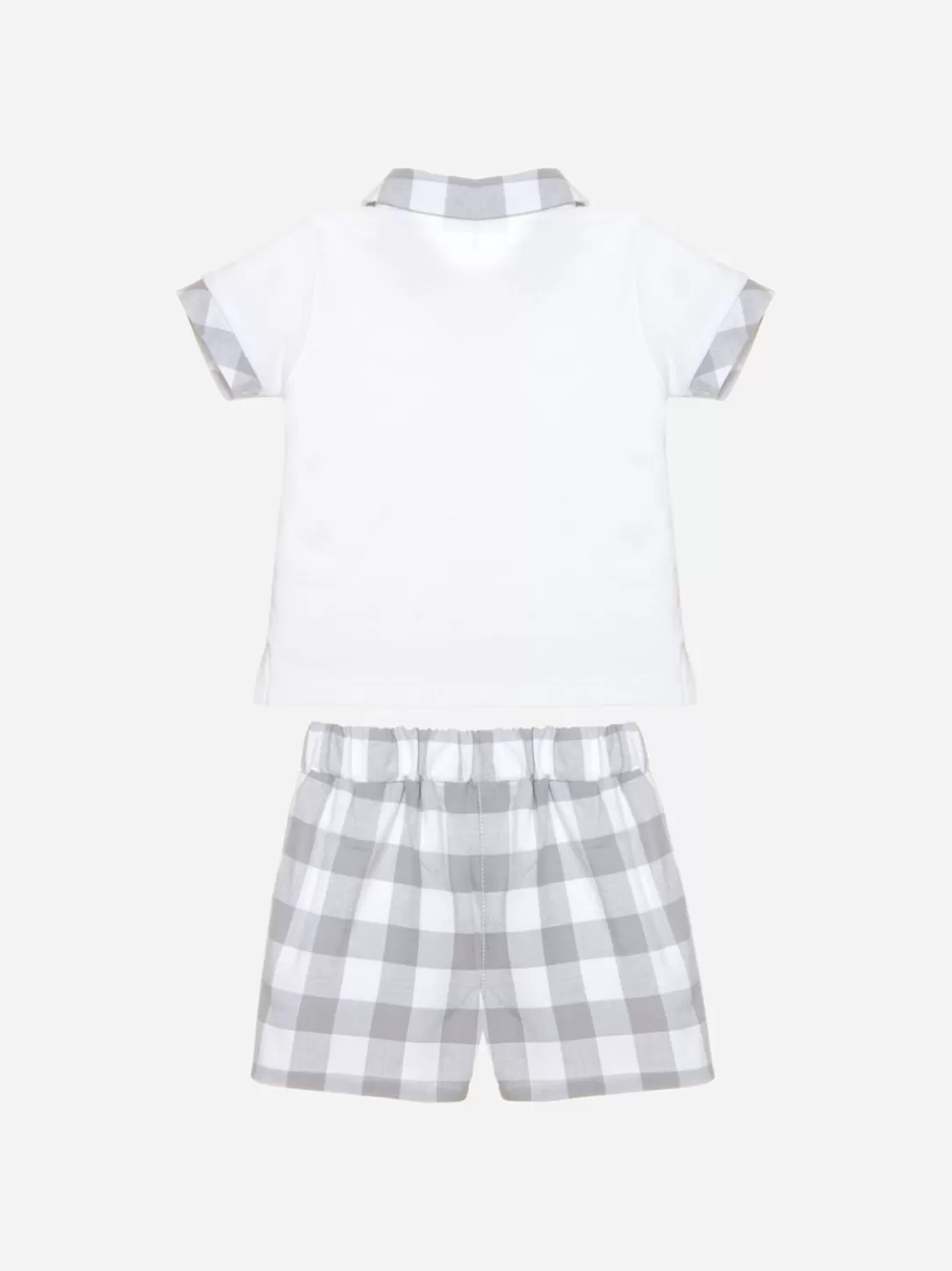 Baby Patachou Polo And Shorts Set In White Jersey And Grey Check Linen